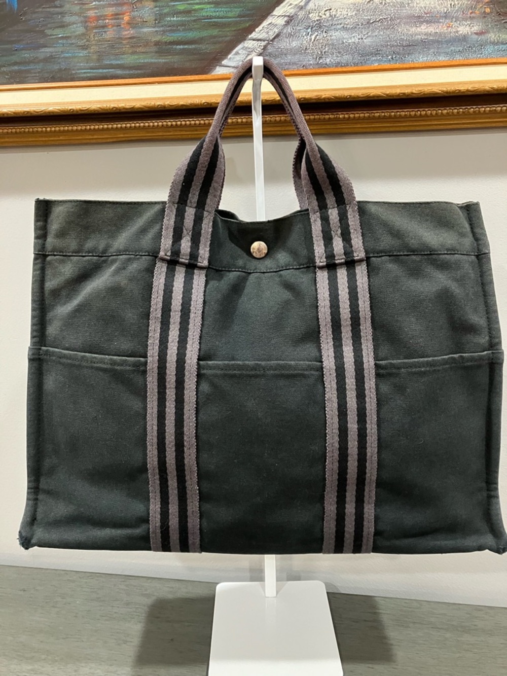 Hermes’ Black Canvas Tote Bag with Contrast Gray Straps